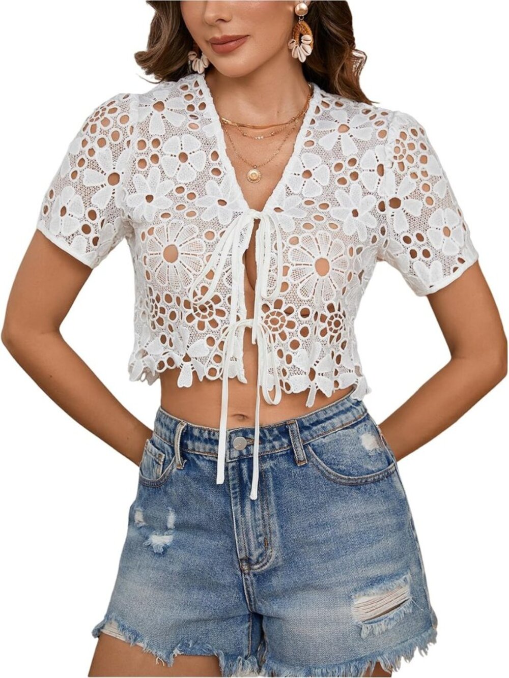 Boho Floral Embroidery Tie Front Crop Top - Women's Trendy Summer Fashion